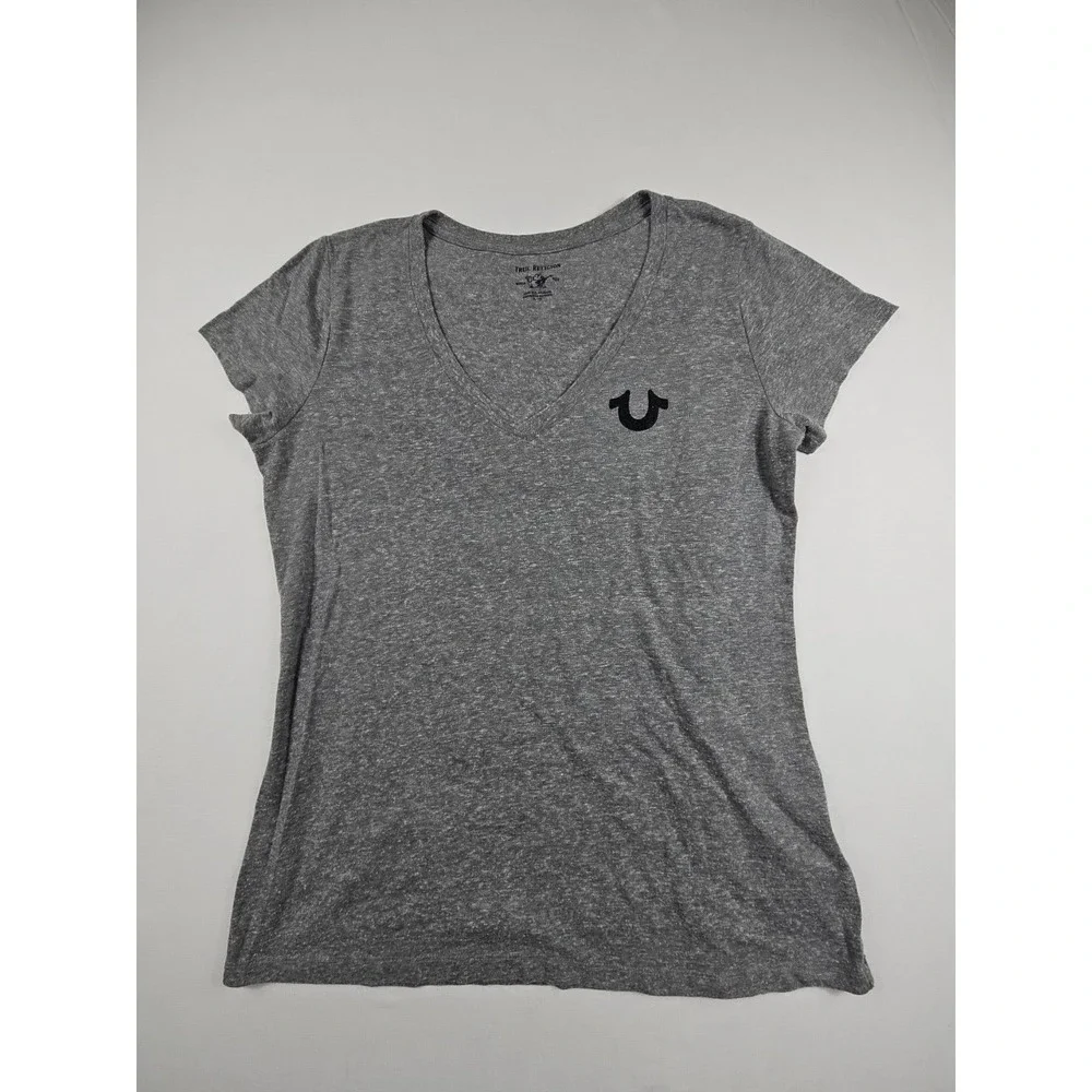 True Religion Womens Gray Short Sleeve Crystal Horseshoe  V-neck T-shirt Size XL